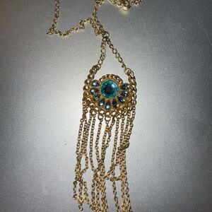 Gold and Blue Cascading Necklace with Intricate Detailing
